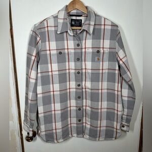 Carhartt Grey and White Plaid Flannel Shacket Small